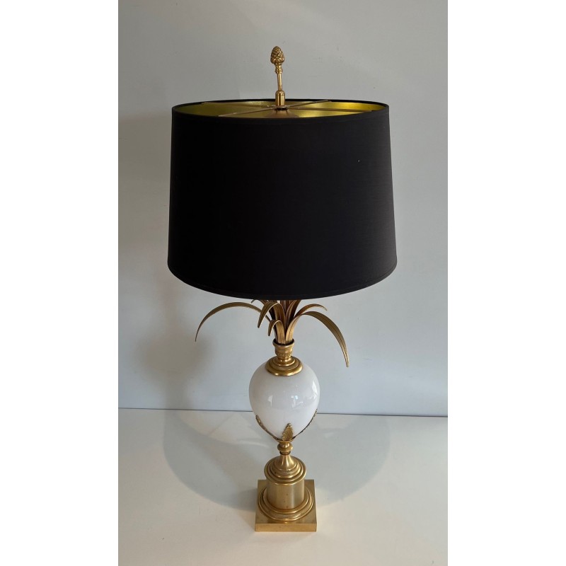 White Opaline Ostrich Egg Table Lamp, Gilt Nickel, Style of Maison Charles, circa 1970