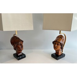 Paire de Lampes en Noyer, Visages de Soldats Casqués, Travail Italien, vers 1970