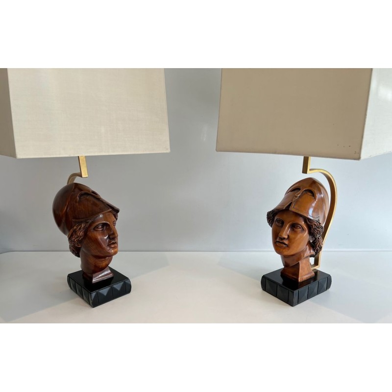 Paire de Lampes en Noyer, Visages de Soldats Casqués, Travail Italien, vers 1970