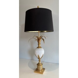 Lampe Œuf d’Autruche Opaline Blanche Nickel Doré, Goût Maison Charles, vers 1970