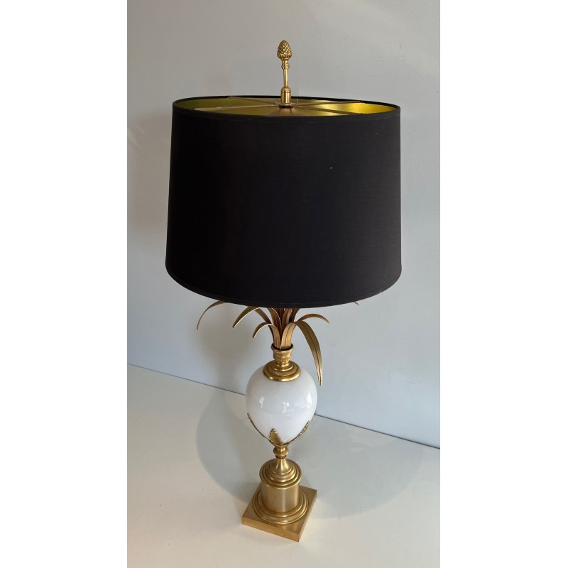 White Opaline Ostrich Egg Table Lamp, Gilt Nickel, Style of Maison Charles, circa 1970