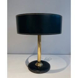 Dark Green Stitched Leather & Brass Desk Lamp, Style of Jacques Adnet, circa 1970