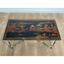 Lacquered Chinese Decor Coffee Table Brass Base 1970 - Maison Barrois