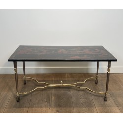 Lacquered Chinese Decor Coffee Table Brass Base 1970 - Maison Barrois