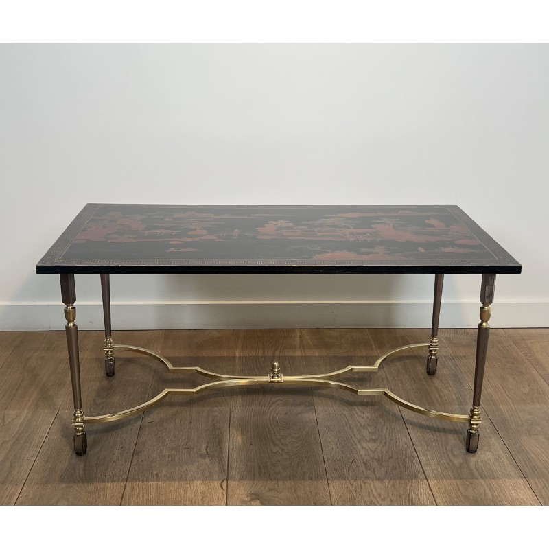 Lacquered Chinese Decor Coffee Table Brass Base 1970 - Maison Barrois
