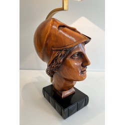 Paire de Lampes en Noyer, Visages de Soldats Casqués, Travail Italien, vers 1970