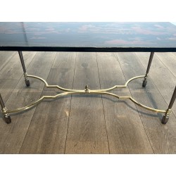 Lacquered Chinese Decor Coffee Table Brass Base 1970 - Maison Barrois
