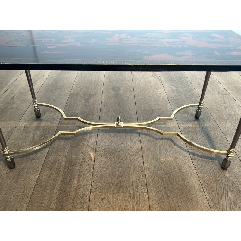 Lacquered Chinese Decor Coffee Table Brass Base 1970 - Maison Barrois