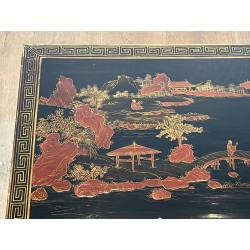 Lacquered Chinese Decor Coffee Table Brass Base 1970 - Maison Barrois