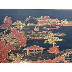 Table Basse Laquée Décor Chinois Piétement Laiton 1970 - Maison Barrois
