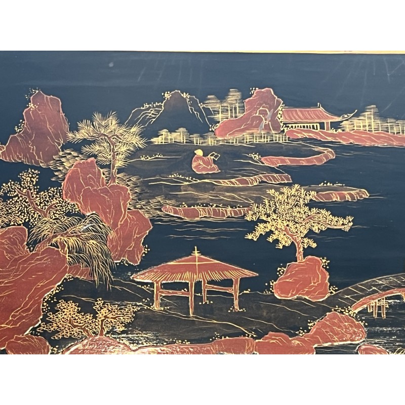 Lacquered Chinese Decor Coffee Table Brass Base 1970 - Maison Barrois