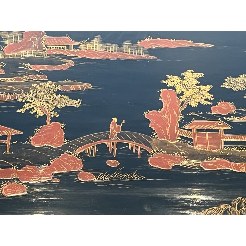 Lacquered Chinese Decor Coffee Table Brass Base 1970 - Maison Barrois