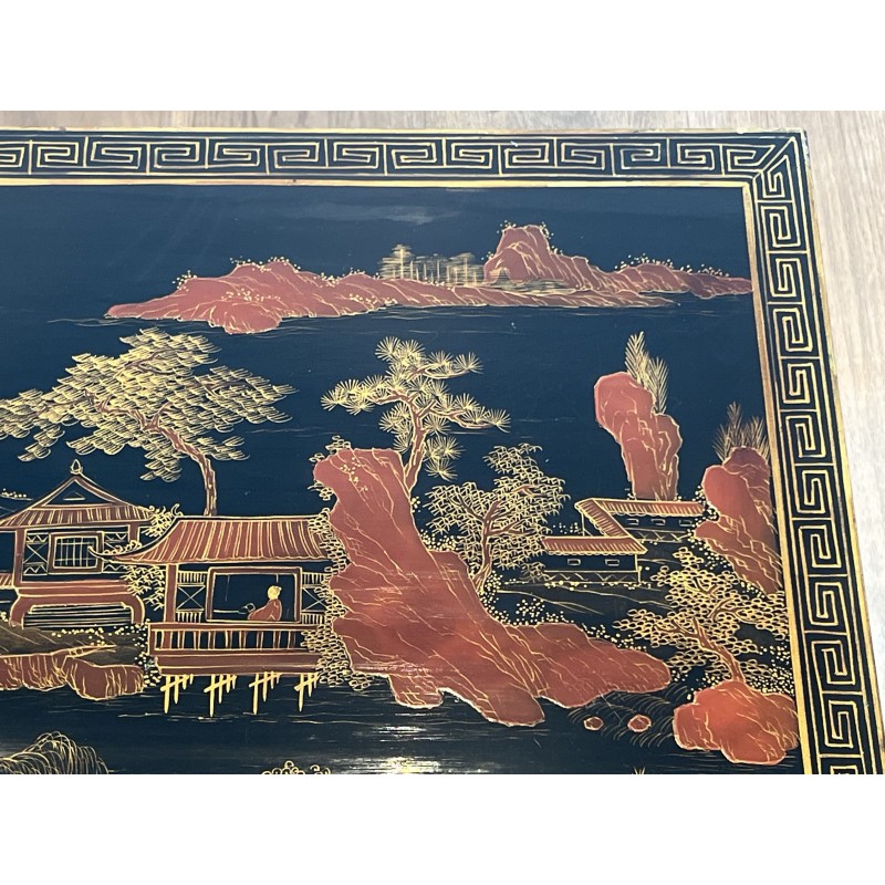 Lacquered Chinese Decor Coffee Table Brass Base 1970 - Maison Barrois