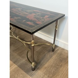 Table Basse Laquée Décor Chinois Piétement Laiton 1970 - Maison Barrois