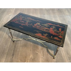 Table Basse Laquée Décor Chinois Piétement Laiton 1970 - Maison Barrois
