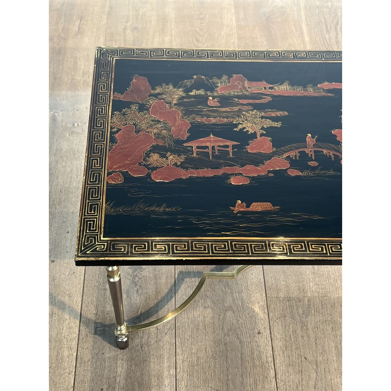 Lacquered Chinese Decor Coffee Table Brass Base 1970 - Maison Barrois