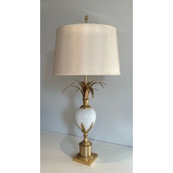 Lampe Œuf d’Autruche Opaline Blanche Nickel Doré, Goût Maison Charles, vers 1970