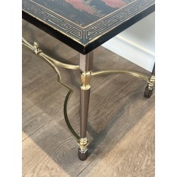 Table Basse Laquée Décor Chinois Piétement Laiton 1970 - Maison Barrois