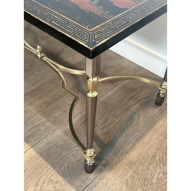 Lacquered Chinese Decor Coffee Table Brass Base 1970 - Maison Barrois