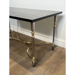 Lacquered Chinese Decor Coffee Table Brass Base 1970 - Maison Barrois