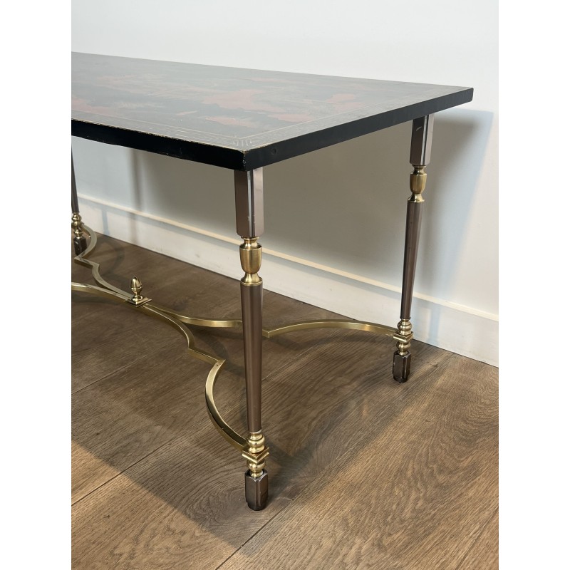 Lacquered Chinese Decor Coffee Table Brass Base 1970 - Maison Barrois