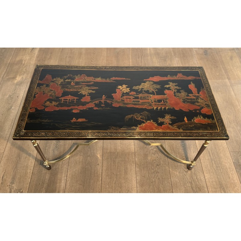 Table Basse Laquée Décor Chinois Piétement Laiton 1970 - Maison Barrois