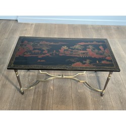 Table Basse Laquée Décor Chinois Piétement Laiton 1970 - Maison Barrois