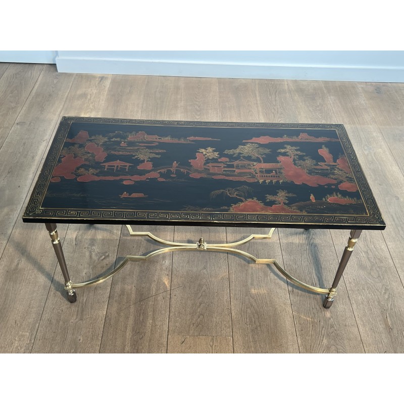 Lacquered Chinese Decor Coffee Table Brass Base 1970 - Maison Barrois