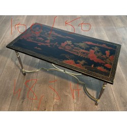Lacquered Chinese Decor Coffee Table Brass Base 1970 - Maison Barrois