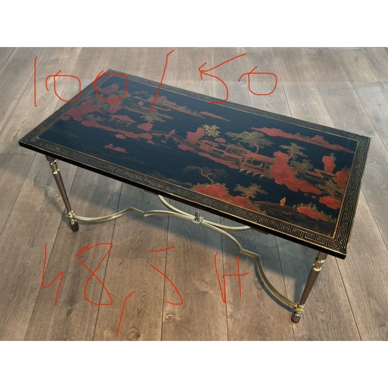 Lacquered Chinese Decor Coffee Table Brass Base 1970 - Maison Barrois