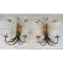 Paire Appliques Métal Doré Gerbes de Blé 1970 - Maison Barrois
