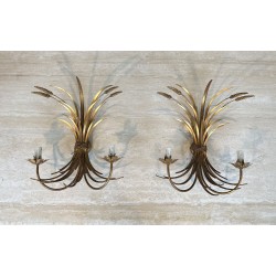 Paire Appliques Métal Doré Gerbes de Blé 1970 - Maison Barrois