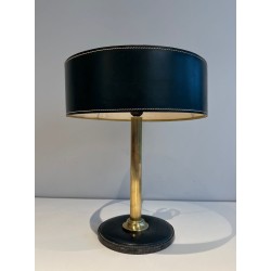 Dark Green Stitched Leather & Brass Desk Lamp, Style of Jacques Adnet, circa 1970