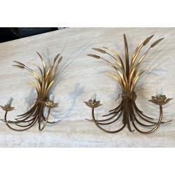 Pair Gilded Metal Wall Sconces Wheat Sheaves 1970 - Maison Barrois