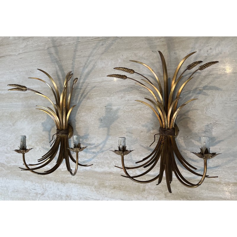 Paire Appliques Métal Doré Gerbes de Blé 1970 - Maison Barrois