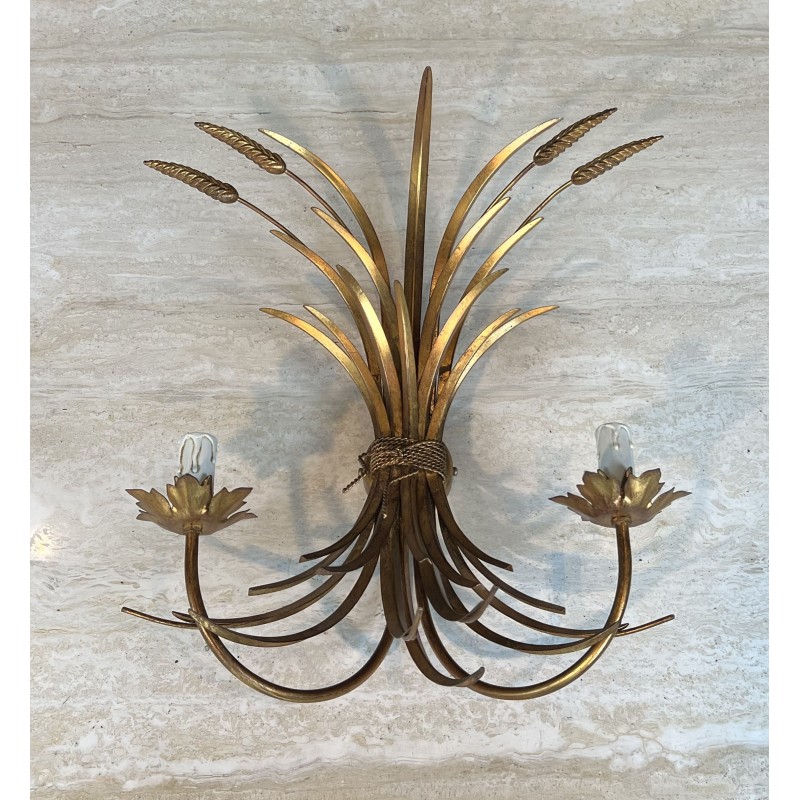 Pair Gilded Metal Wall Sconces Wheat Sheaves 1970 - Maison Barrois