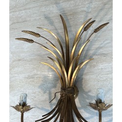 Pair Gilded Metal Wall Sconces Wheat Sheaves 1970 - Maison Barrois