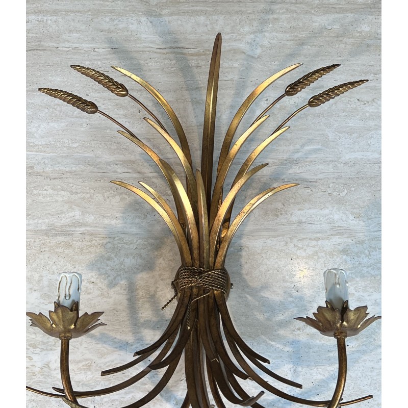 Pair Gilded Metal Wall Sconces Wheat Sheaves 1970 - Maison Barrois