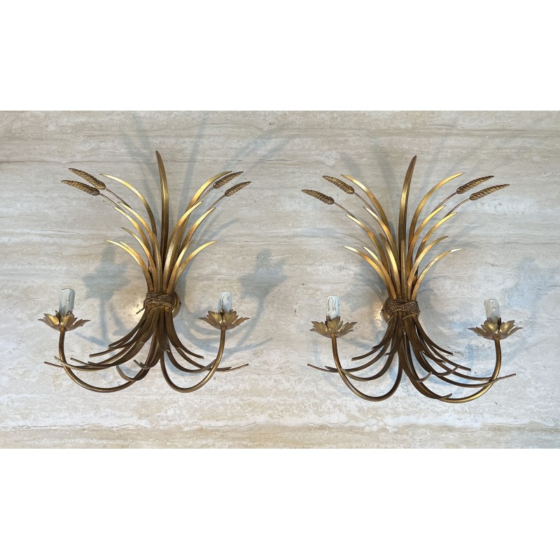 Paire Appliques Métal Doré Gerbes de Blé 1970 - Maison Barrois