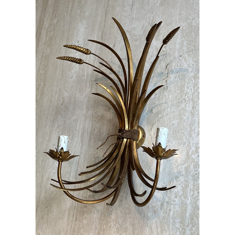 Pair Gilded Metal Wall Sconces Wheat Sheaves 1970 - Maison Barrois