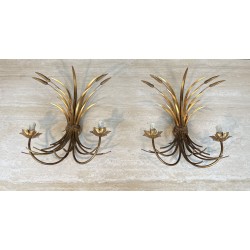 Paire Appliques Métal Doré Gerbes de Blé 1970 - Maison Barrois