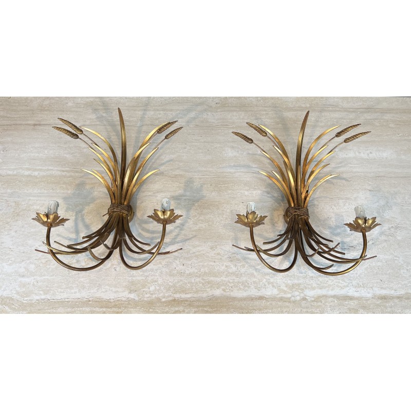 Pair Gilded Metal Wall Sconces Wheat Sheaves 1970 - Maison Barrois