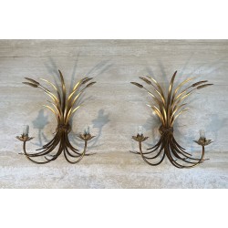 Paire Appliques Métal Doré Gerbes de Blé 1970 - Maison Barrois