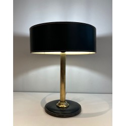 Dark Green Stitched Leather & Brass Desk Lamp, Style of Jacques Adnet, circa 1970