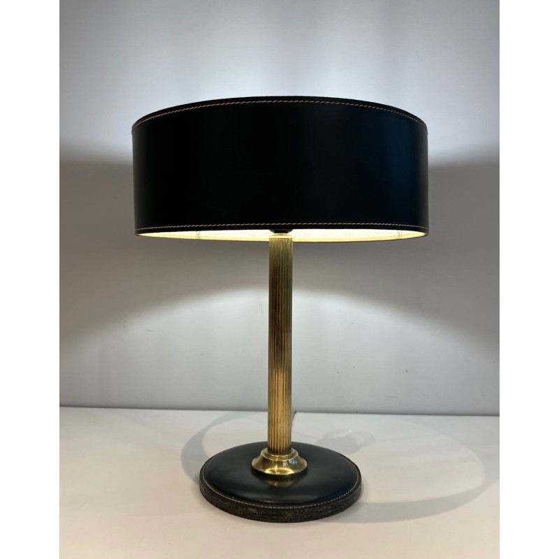 Dark Green Stitched Leather & Brass Desk Lamp, Style of Jacques Adnet, circa 1970