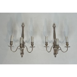 Pair of Neoclassical Style Silvered Wall Sconces with Three Lights in the Style of Maison Jansen. Circa 1940