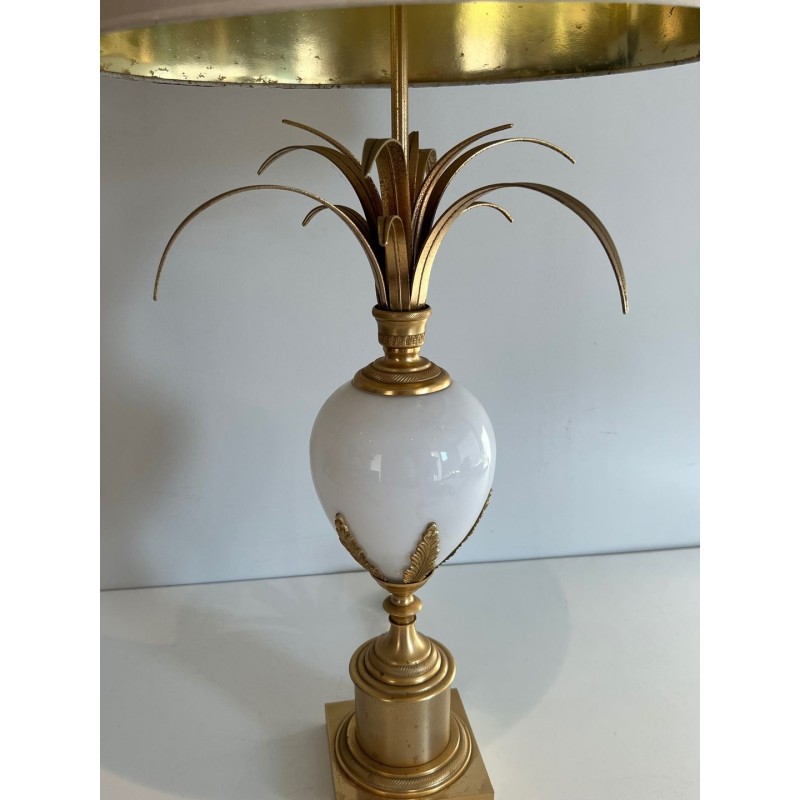 White Opaline Ostrich Egg Table Lamp, Gilt Nickel, Style of Maison Charles, circa 1970