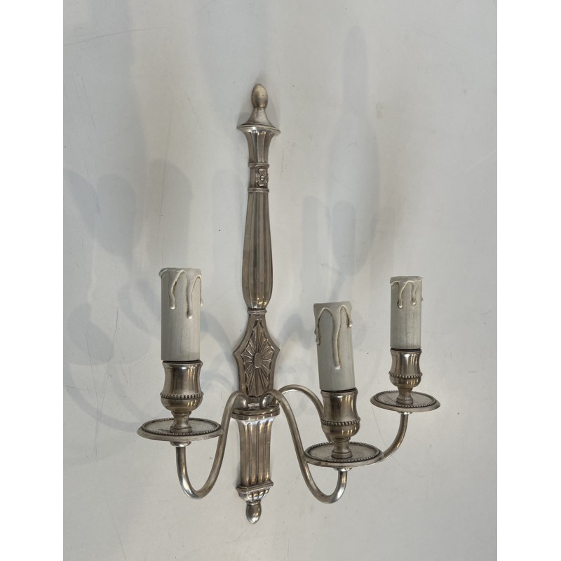 Pair of Neoclassical Style Silvered Wall Sconces with Three Lights in the Style of Maison Jansen. Circa 1940