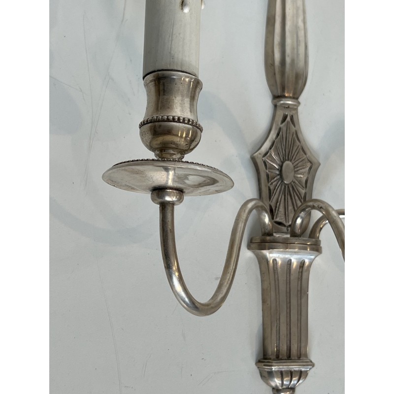 Pair of Neoclassical Style Silvered Wall Sconces with Three Lights in the Style of Maison Jansen. Circa 1940
