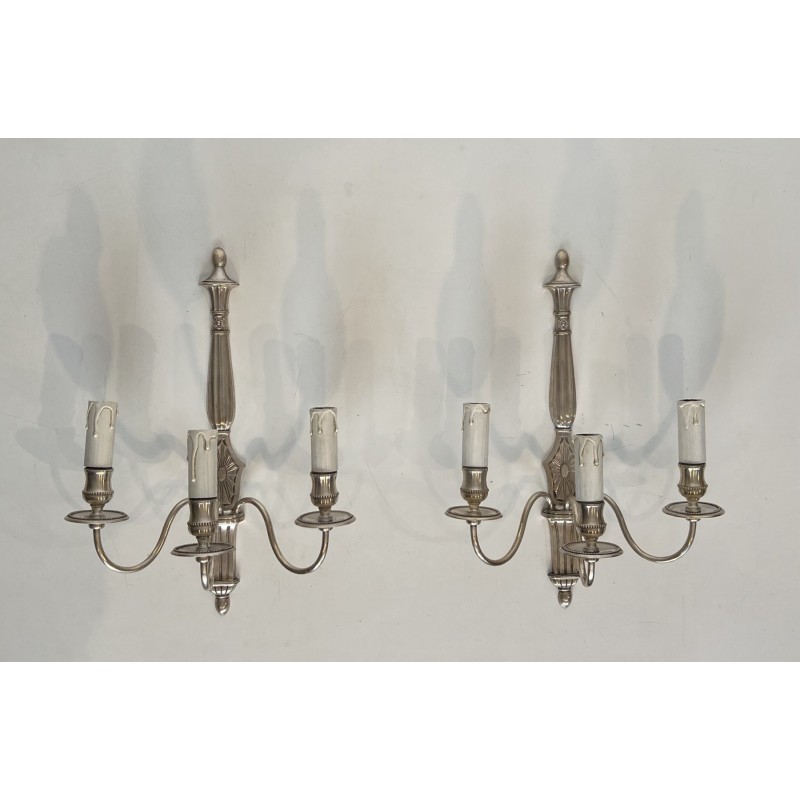 Pair of Neoclassical Style Silvered Wall Sconces with Three Lights in the Style of Maison Jansen. Circa 1940